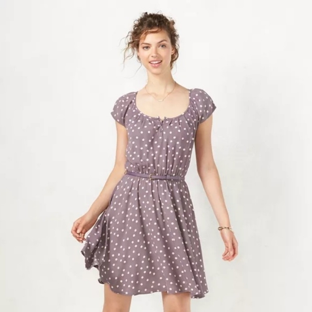 LC Lauren Conrad Purple/Grey & Pink Polka Dot Pleated Fit & Flare Dress - Size M